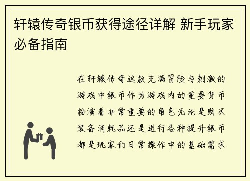 轩辕传奇银币获得途径详解 新手玩家必备指南